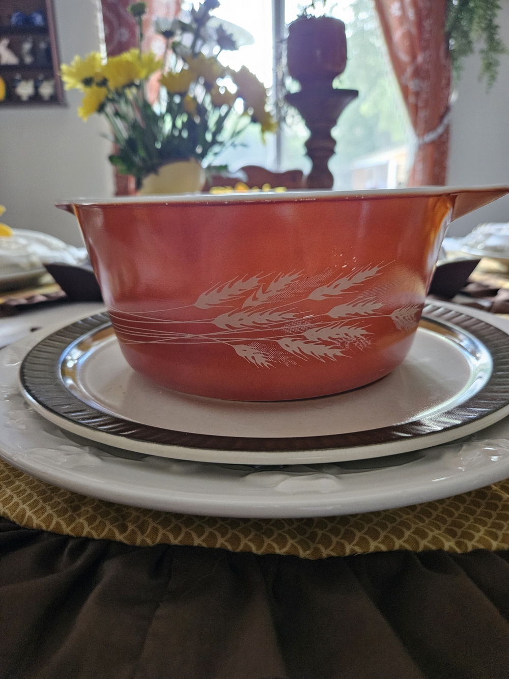 Pyrex Orange Casserole Dish with White Wheat Pattern